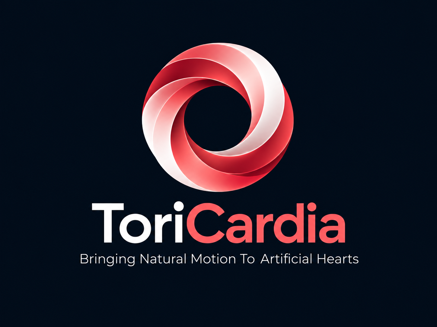 The original ToriCardia logo: coral and white interwoven toroidal ribbons, company name and slogan
